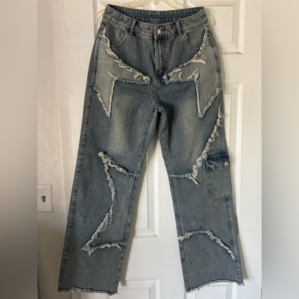 ROMWE Distressed Wide-Leg Grey Flare Jeans